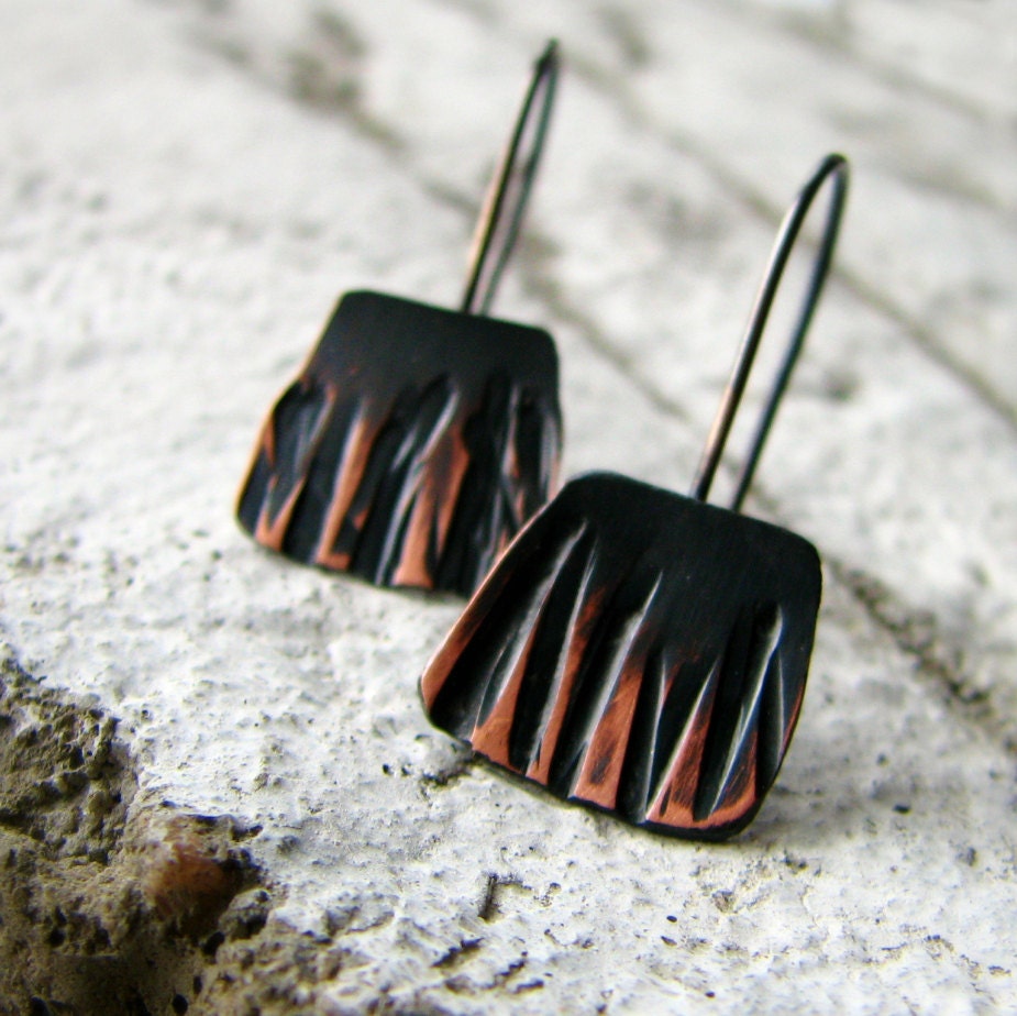 copper earrings, hammered copper earrings, two-tone oxidized, sterling silver tribal rustic modern - Herding Dragons