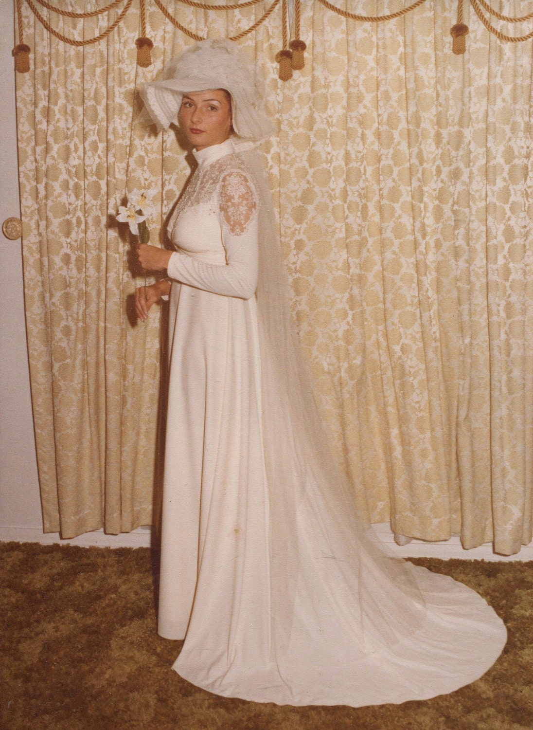 Vintage 1970's Jersey Wedding Gown with Pearl and Rhinestone Accents