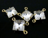 4 - 8x8mm Vintage Glass Square Stones in 2 Ring Closed Back Brass Prong Settings - Crystal