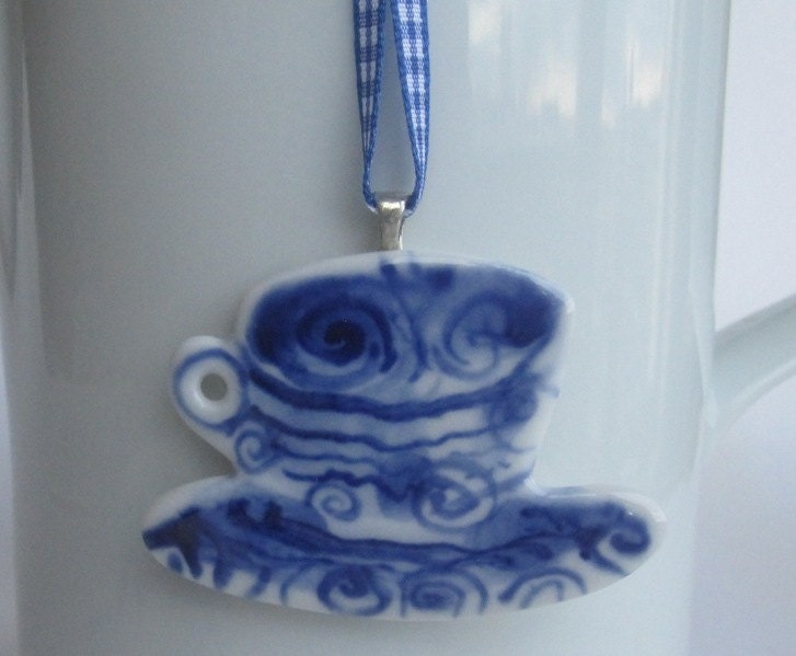 Porcelain Cup and Saucer  Ornament - Handpainted  Delft Blue ornament