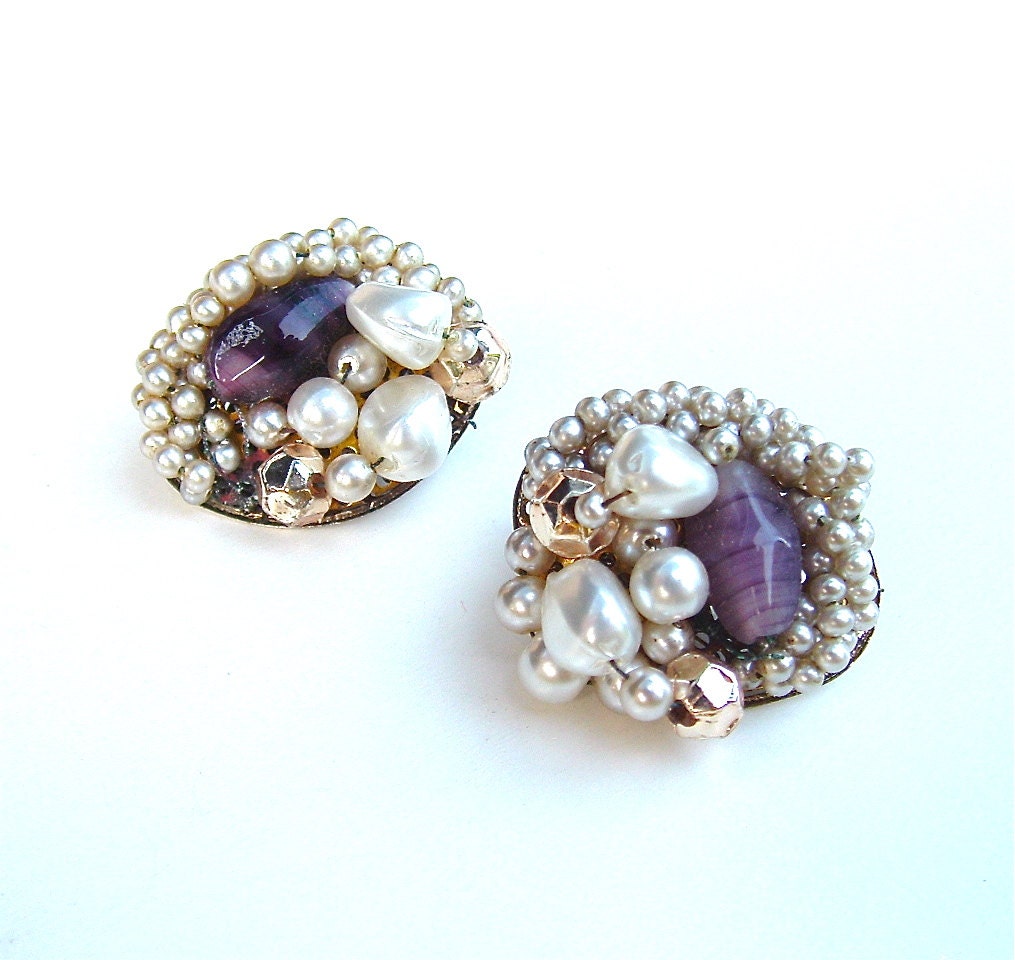 Vintage Beaded Earrings Lavender Purple Amethyst Jewelry Faux Pearls Handmade Fashion, Free US Shipping