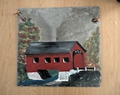 Hand painted covered bridge on antique slate sign