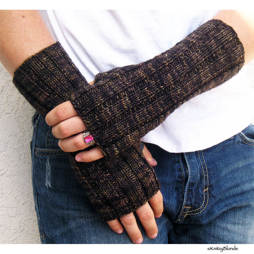 Men's Fingerless Gloves, Hand Arm Warmers, Washable Merino Wool, Chocolate Brown, Made to Order