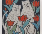 Cats,raku fired ceramic art tile,handmade, home decor