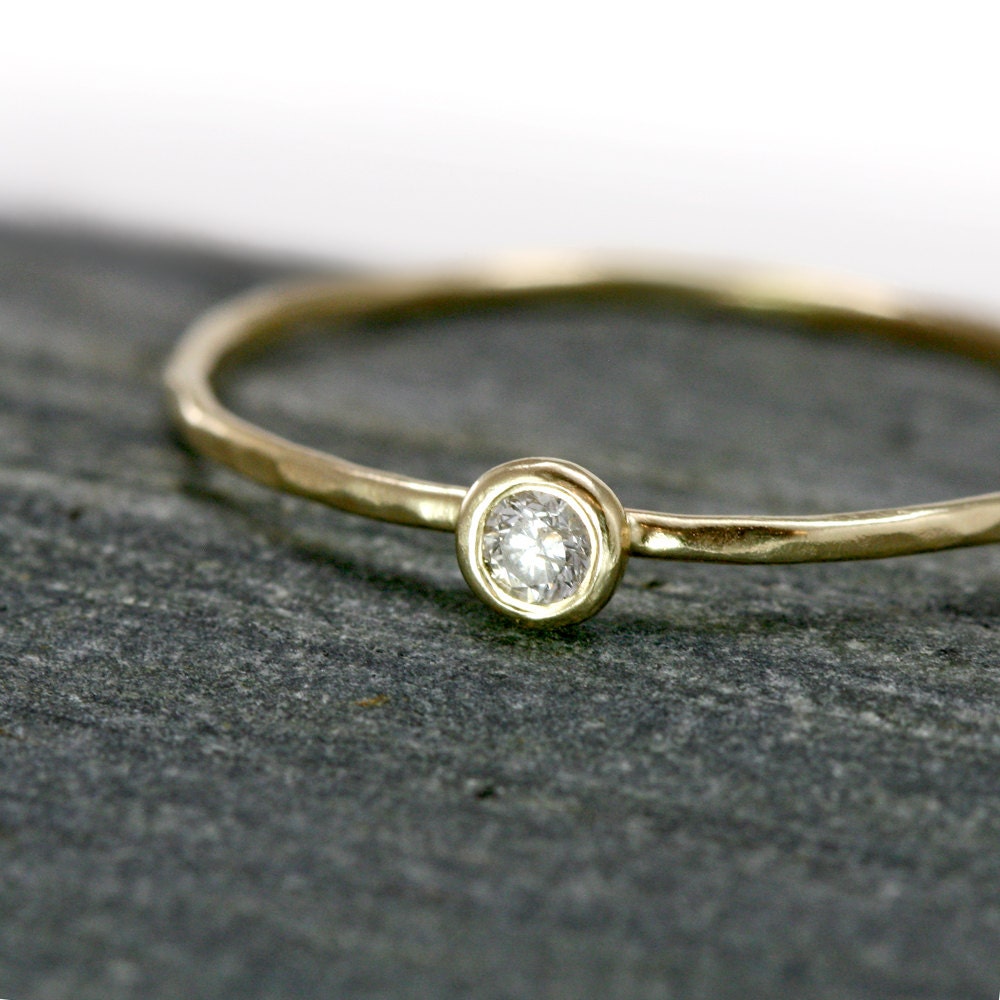 White Diamond 14k Gold Stacking Ring - Genuine Diamond in solid 14k Yellow Gold bezel setting on a thin hammered band