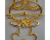 Oversized Gold Tone Cat Feline Outline Pin Brooch
