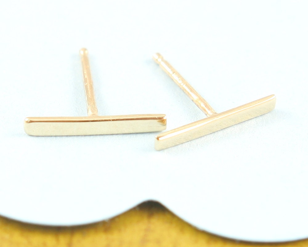 14K Recycle Gold Bar Studs Earrings In Yellow, Rose And White.