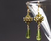 Handmade, Dangle Earrings, Swarovski Crystal, Olive, Olivine Green, Gold, Bronze, Bead-woven