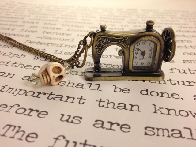 Vintage Style Bronze Sewing Machine Clock Pocket Watch Pendant Necklace with Howlite Skull Bead