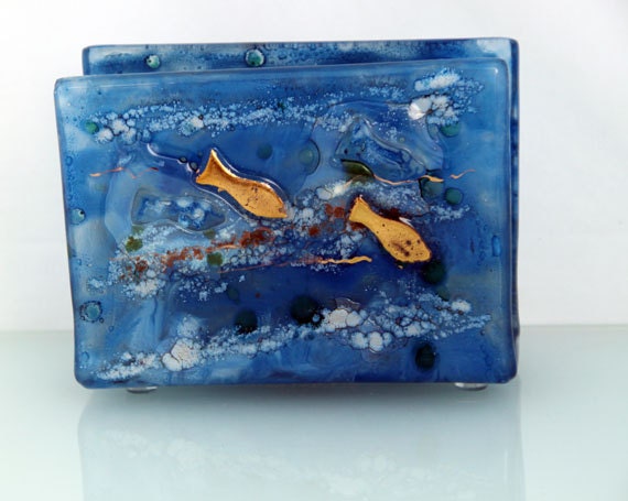 Fused  glass napkin holder , deep blue  ocean Glass art .
