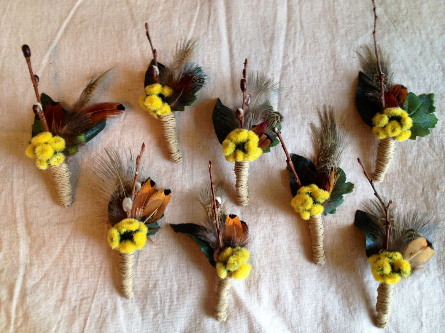 Yellow Bud Boutonnieres with Feathers and Twigs, ready to ship