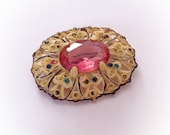 Vintage Plastic Brooch Filigree and Pink Rhinestone