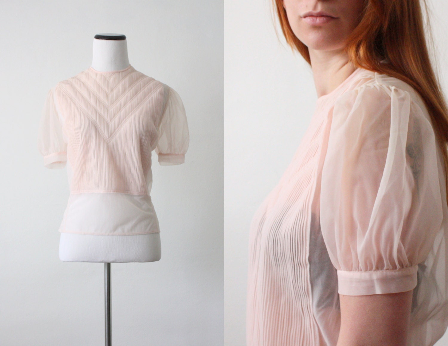 vintage 1950's sheer pink pintuck blouse