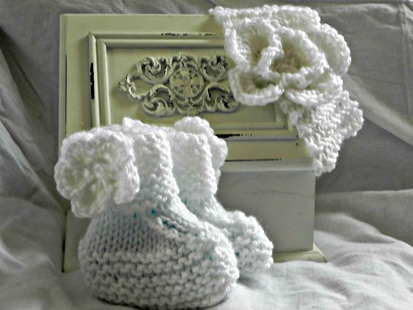 Hand knit  Earwarmer/Headband with Crochet Flower with Matching Booties for Baby in White