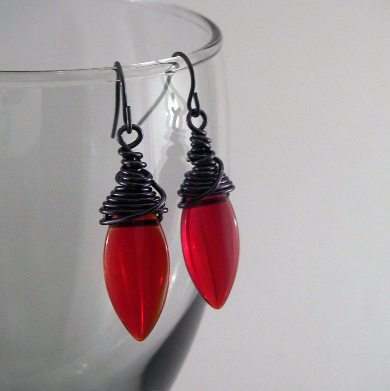 Wire Wrapped Red Dagger Earrings - Gunmetal Wire Wrapped Jewelry - Poppy Red Glass Earrings