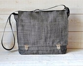 Waterproof  Messenger bag in  black ecru linen /  Made to order