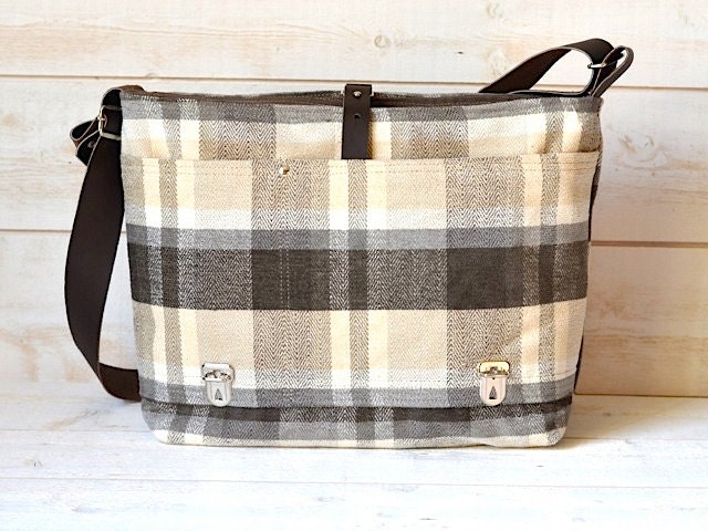 Waterproof Messenger bag in charcoal Whitecap Gray cream plaid upholstery