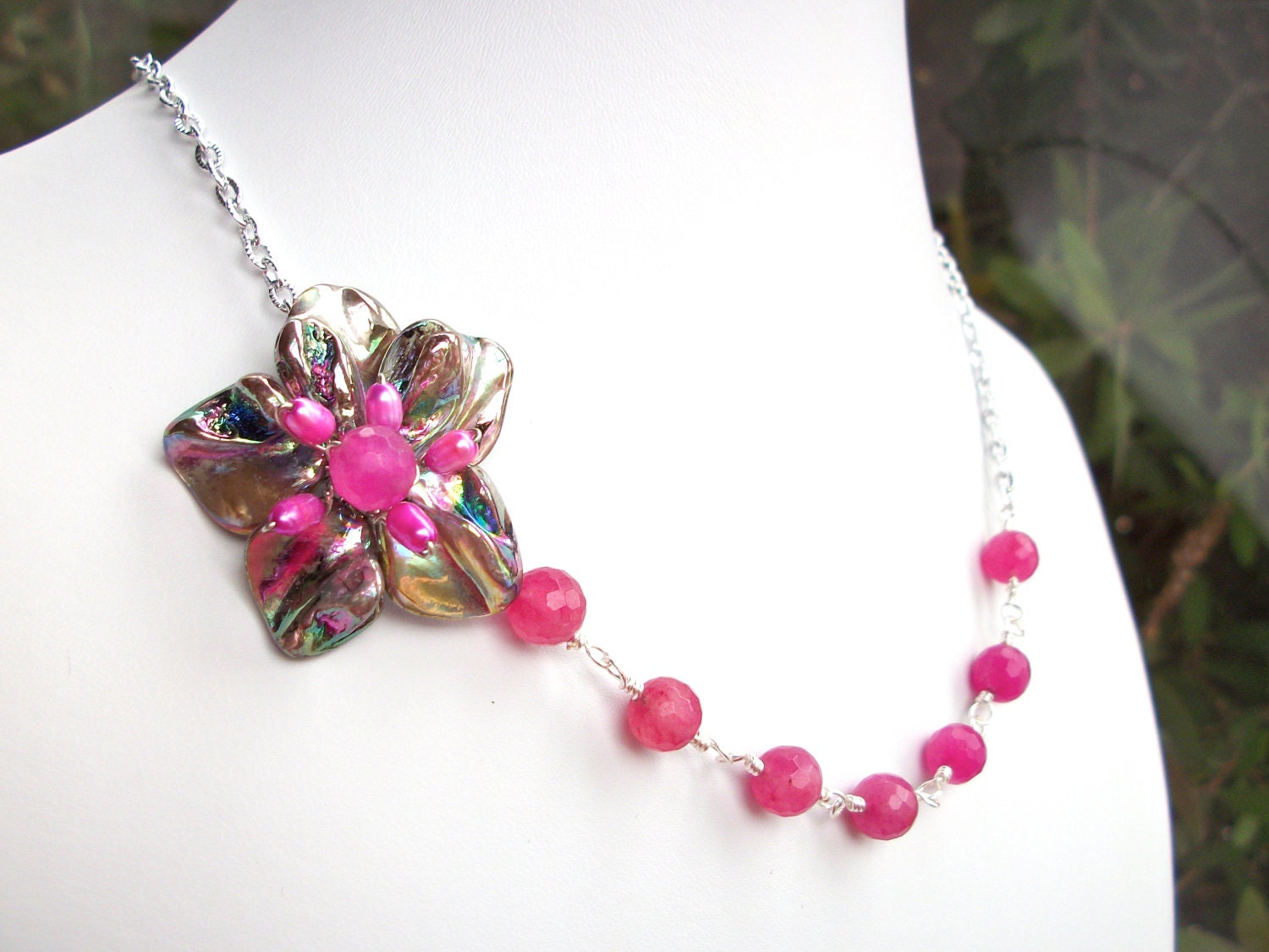 Pink flower necklace, asymmetrical beaded wire wrapped flower jewelry with mauve MOP, pink pearl, and pink quartz beads silver chain