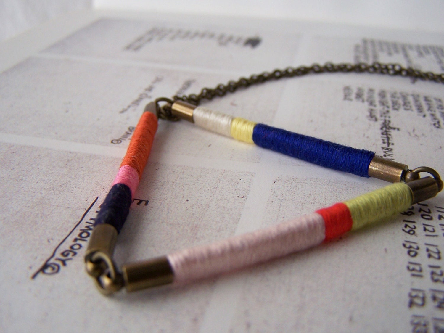 OOAK triangle DAVIS necklace - textile and leather with antiqued brass chain