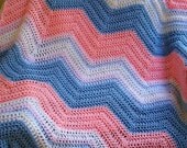 chevron ripple baby blanket afghan wrap crochet knit lap robe stripes red heart BABY SOFT STEPS yarn blue pink white variegated