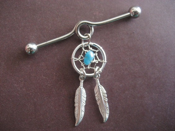 Industrial Piercing Barbell Dream Catcher Feather Charm Genuine Turquoise Dreamcatcher Dangle 14 Gauge 14g G Bar
