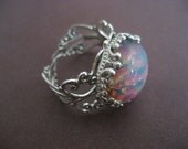 Pink Fire Opal Adjustable Ring Silver Plated Antique Filigree