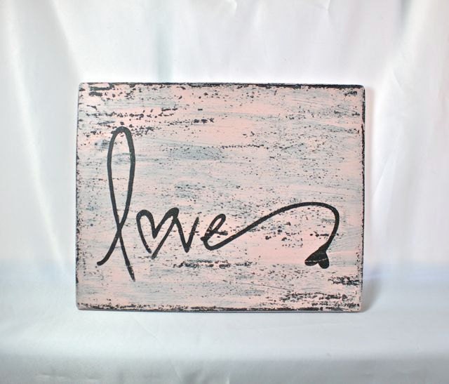 Pink love Wall Hanging Art, distressed pink on black, hand painted, salvaged wood, 9.25 x 11.5 inches