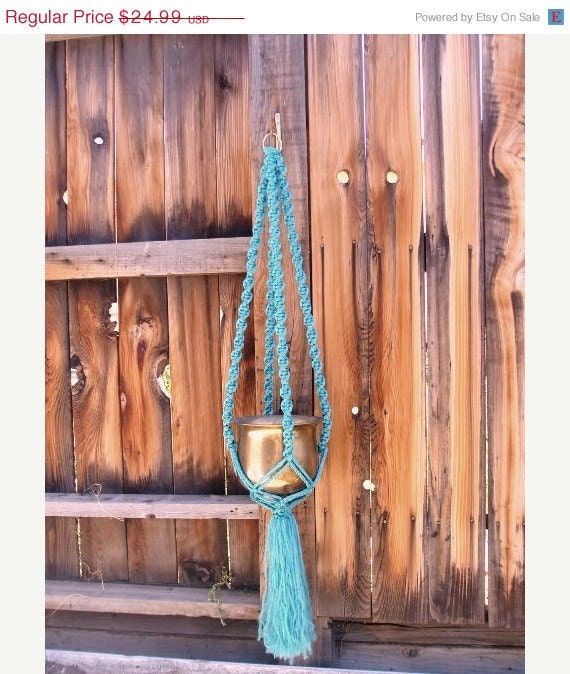 CIJ-JULY 4TH Sale Large Macrame Plant Hanger In Rich Teal, Solid Twist Pattern, 38", 50" Total Length