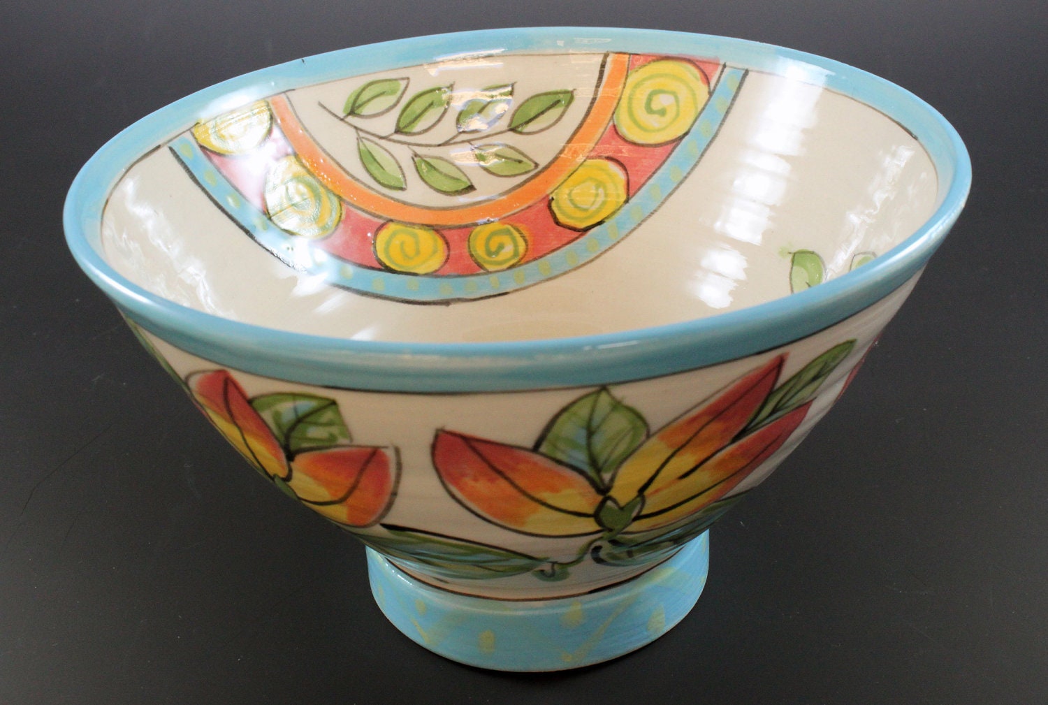 Small Floral bowl with Turquoise Rim