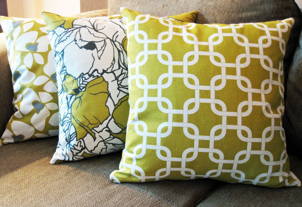 Decorative Pillow Covers, Set of Three 18" x 18", Citrine Yellow, Gray and Natural