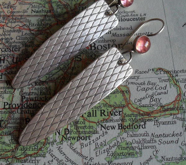 Sterling Silver Earrings, Sterling Earrings, Spring Rose Pink Tourmaline Modern Contemporary Urban Metalsmith Spear Dangle Earrings