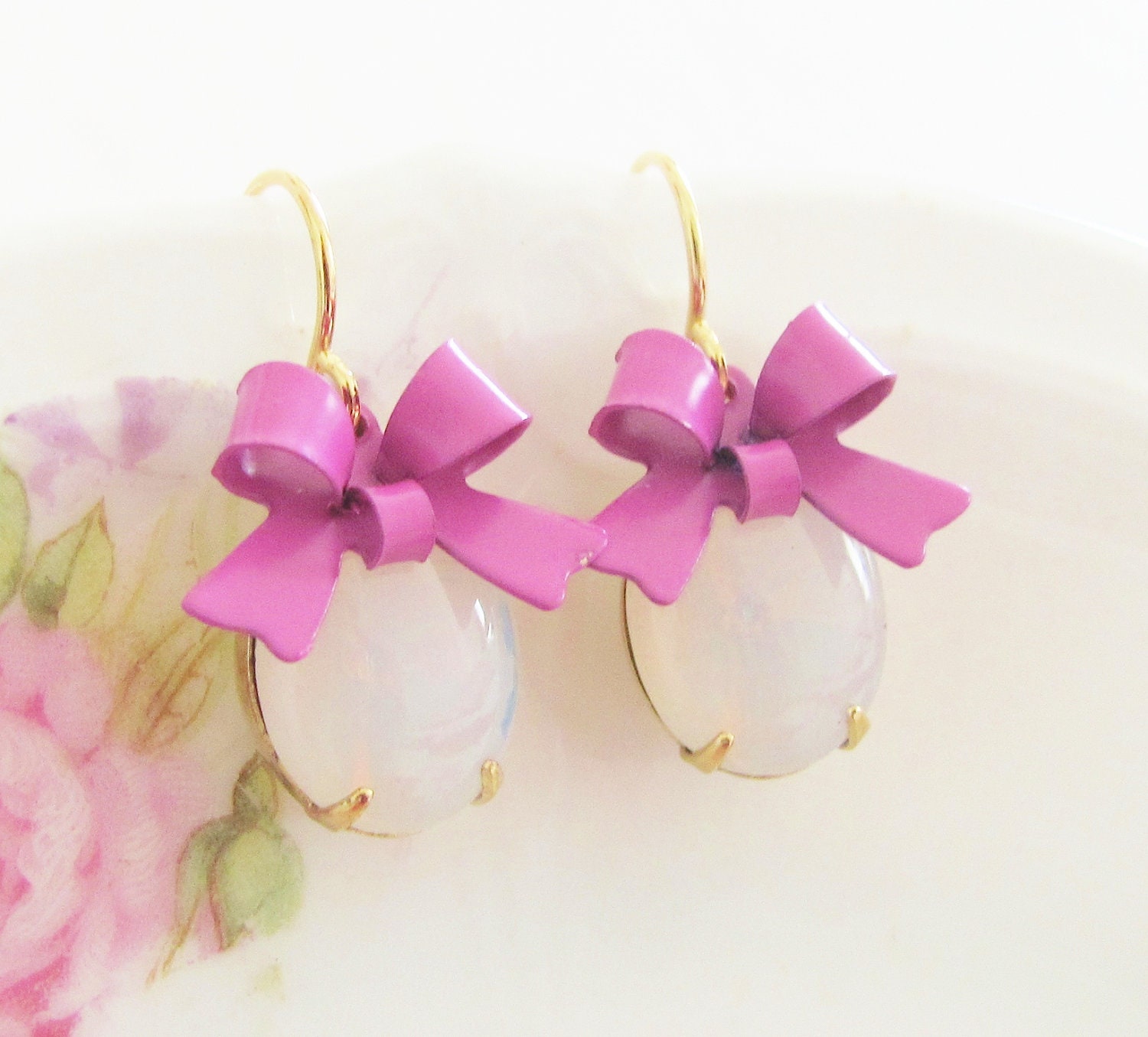 White Opal Purple Bow Earrings -Vintage White Opal Jewel and Lavender Purple Bow Dangle Earrings - Gold Plated Ear Wire, Wedding, Bridesmaid
