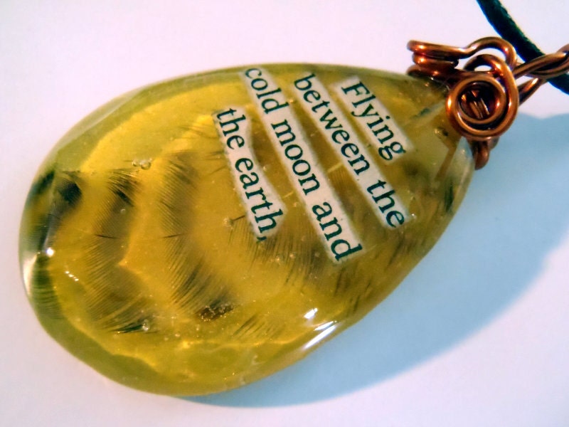 Shakespeare Yellow Black Rooster Feather Book Page Nature Pendant Flying Moon Earth Resin Cruelty Free Amber Boho Necklace Bohemian Jewelry