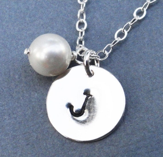 Personalized Handstamped Sterling Silver Disc And Swarovski Pearl Necklace Bride Wedding Party Bridesmaids