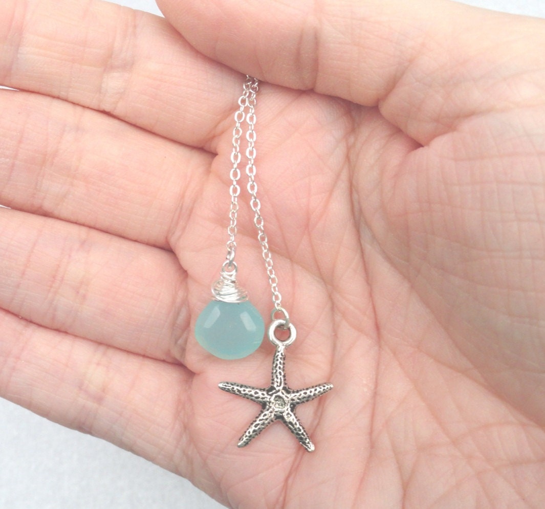 Starfish Necklace Lariat Stlye Necklace Sterling Silver Beach Wedding Bridesmaids Gift Aqua Blue Chalcedony