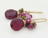 Gold ruby earrings, Red ruby cluster earrings, Gold wire wrapped earrings, Handmade Ruby gemstone cluster earrings