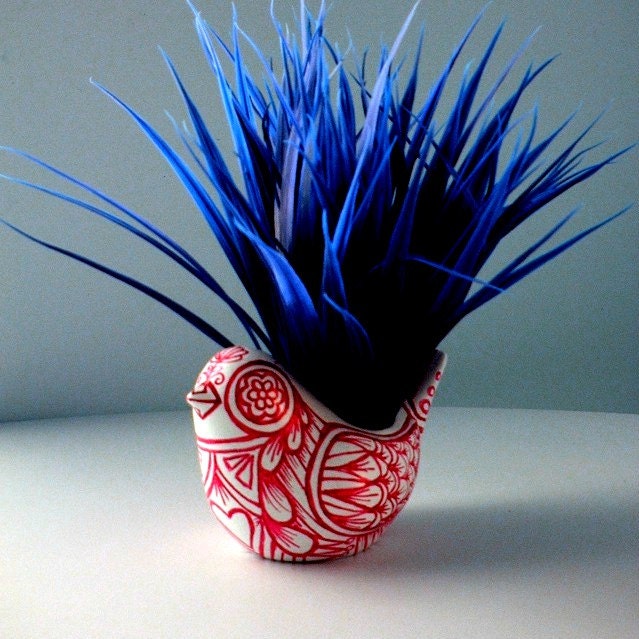 Ceramic Bird Planter Red White Folk Art Vase Hand Painted Spring Decor Garden Decor