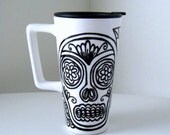 Ceramic Travel Mug with Handle Sugar Skull Flowers Mexican Folk Art Tattoo Day of the Dead Black White 16 oz painted - READY TO SHIP