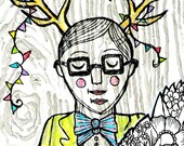 Deer Boy Original Wall Art Portrait 9x12 Canvas Acrylic painting Illustration Woodgrain black white flowers antlers glasses bow tie pastels