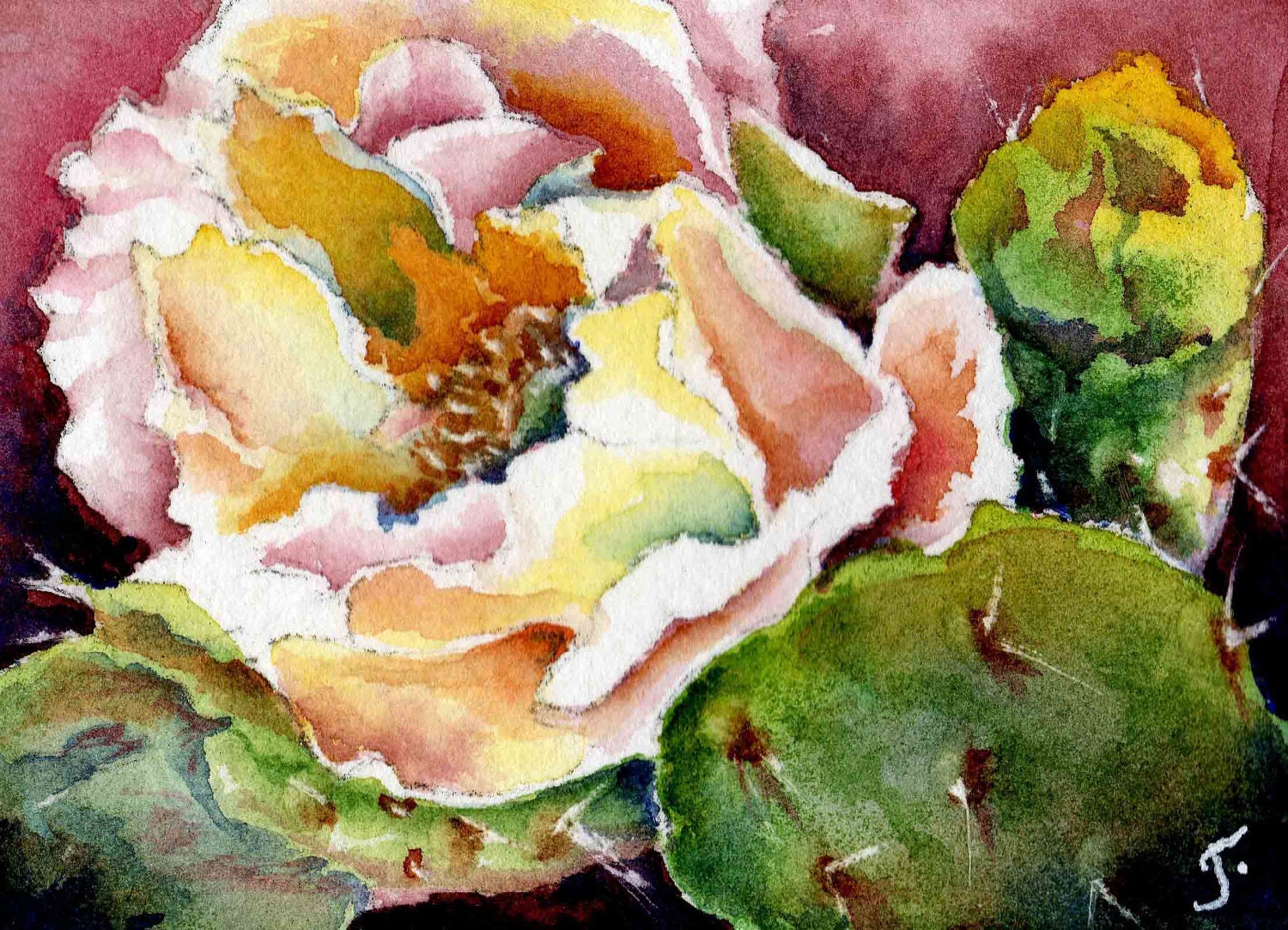 ACEO Art Print, green, yellow, orange, rose, cactus