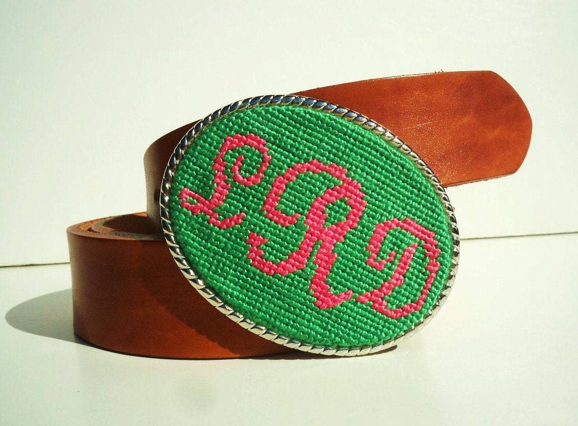 Needlepoint  3 Letter Monogram in French Script Belt Buckle