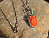 Mini Tangerine Vintage Japanese Glass Pendant with Turquoise Beads