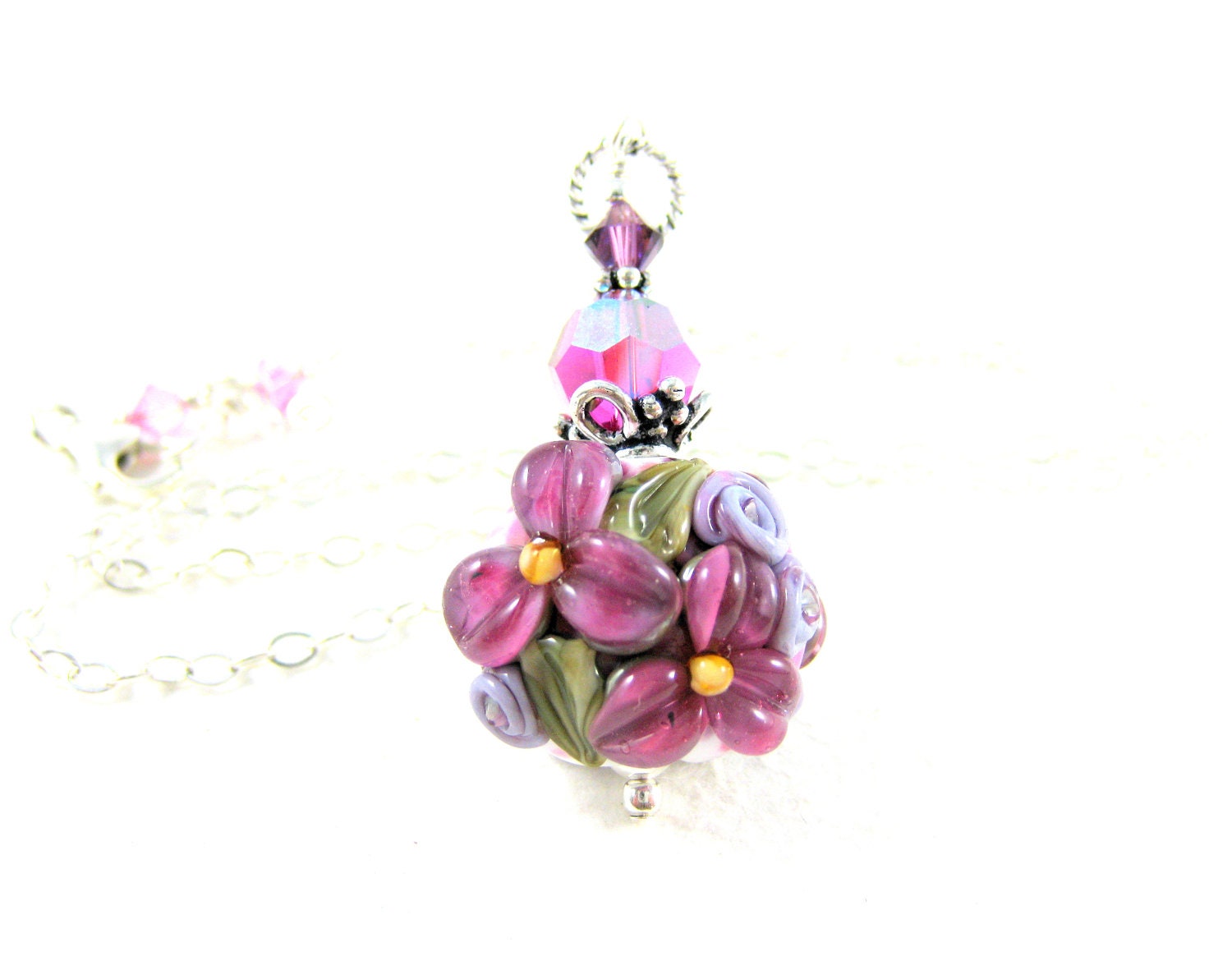 Bright Pink Lilac Flower Necklace, Purple Pink Glass Necklace, Floral Lampwork Necklace, Beadwork Necklace, Pendant Necklace - Lilac Garden