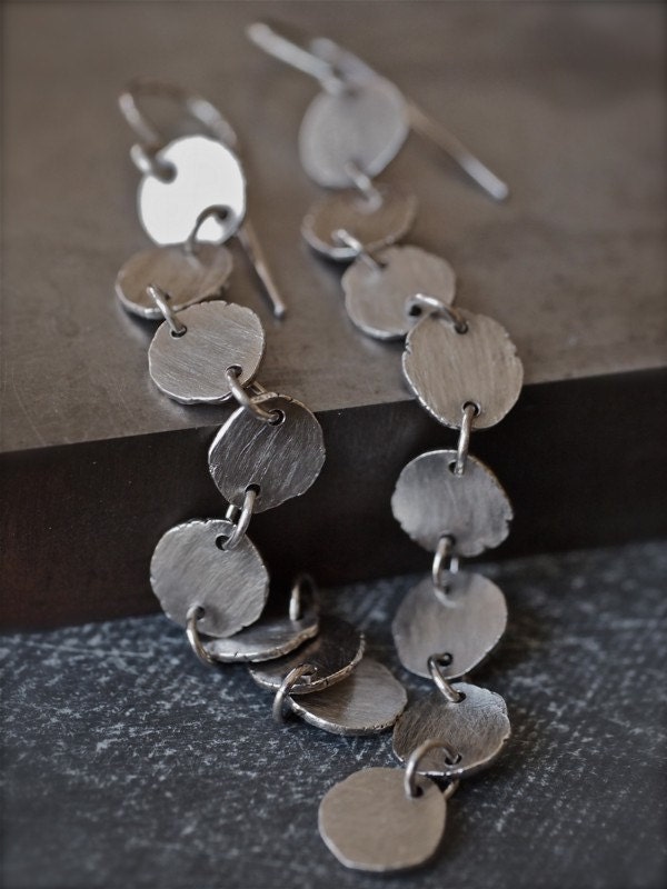 Super long, super chic flowing fine silver disc earrings
