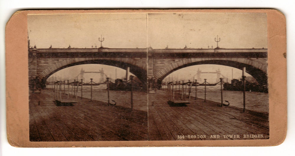 Antique Stereoscope Card - London and Tower Bridges - Stereoview