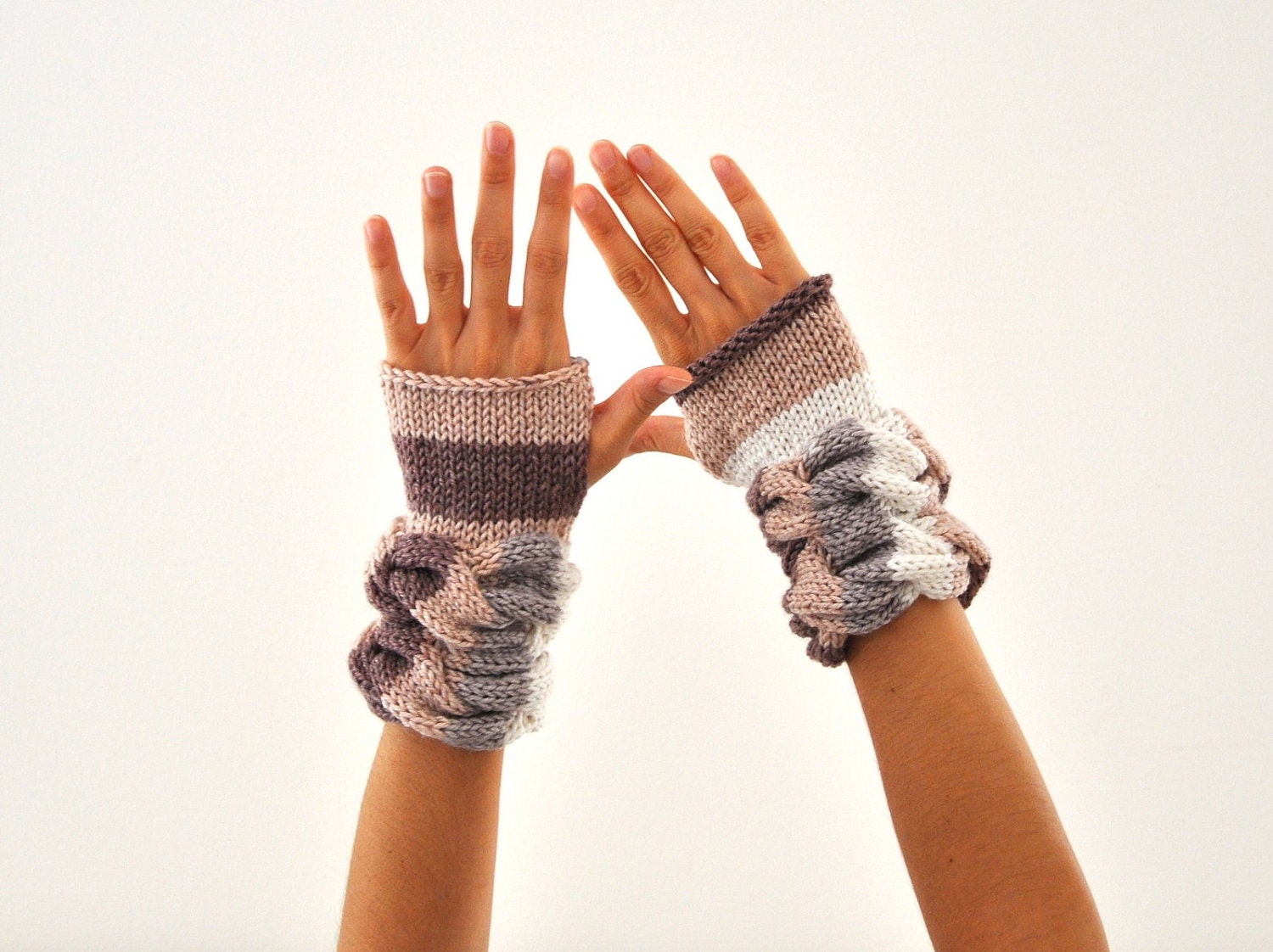 Handmade Gloves Cashmere Fingerless Gloves Wrist Warmers Mittens Brown Ivory White Fall Colors Gift for Her