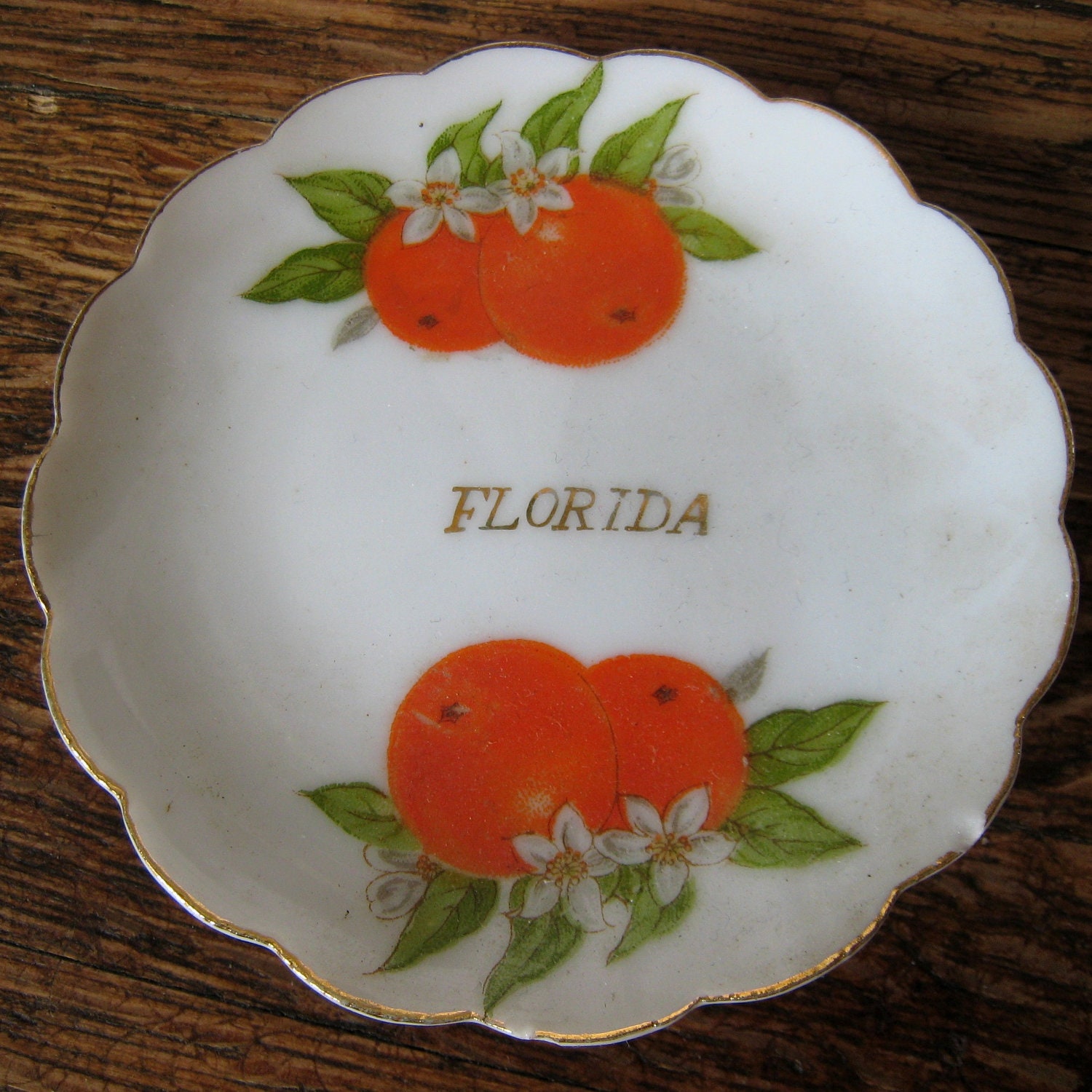 Small Gold and White Vintage Florida Souvenir Dish with Oranges