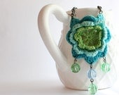 Crochet Flower Necklace Short Flower Jewelry with Beads in Ocean Blue and Green