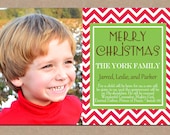 12 Personalized Printed Christmas Holiday Photo Cards with envelopes - red chevron one photo horizontal layout