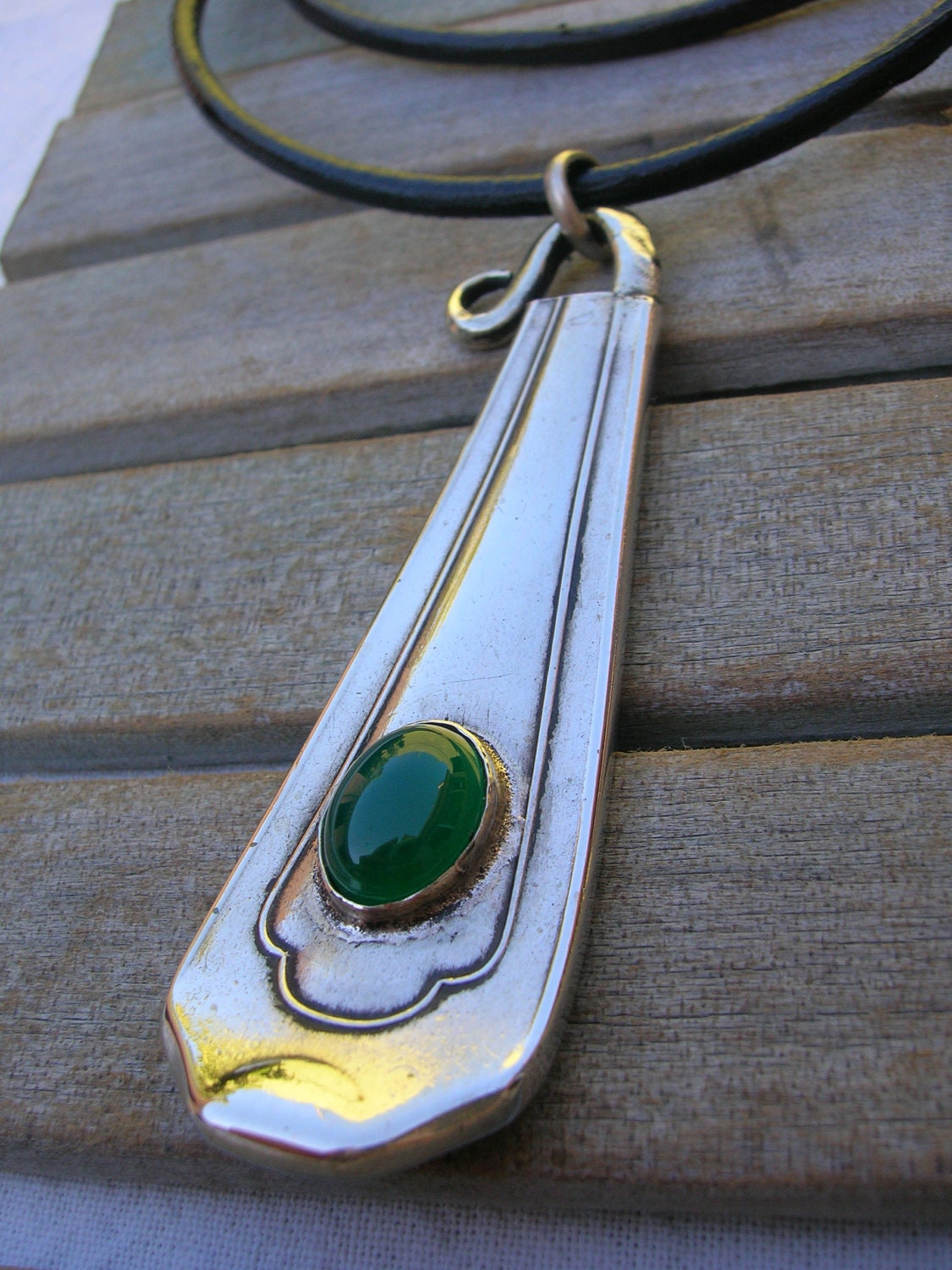 Upcycled SPOON handle PENDANT w/-CHRYSOPRASE cabochon -Artisan metalwork